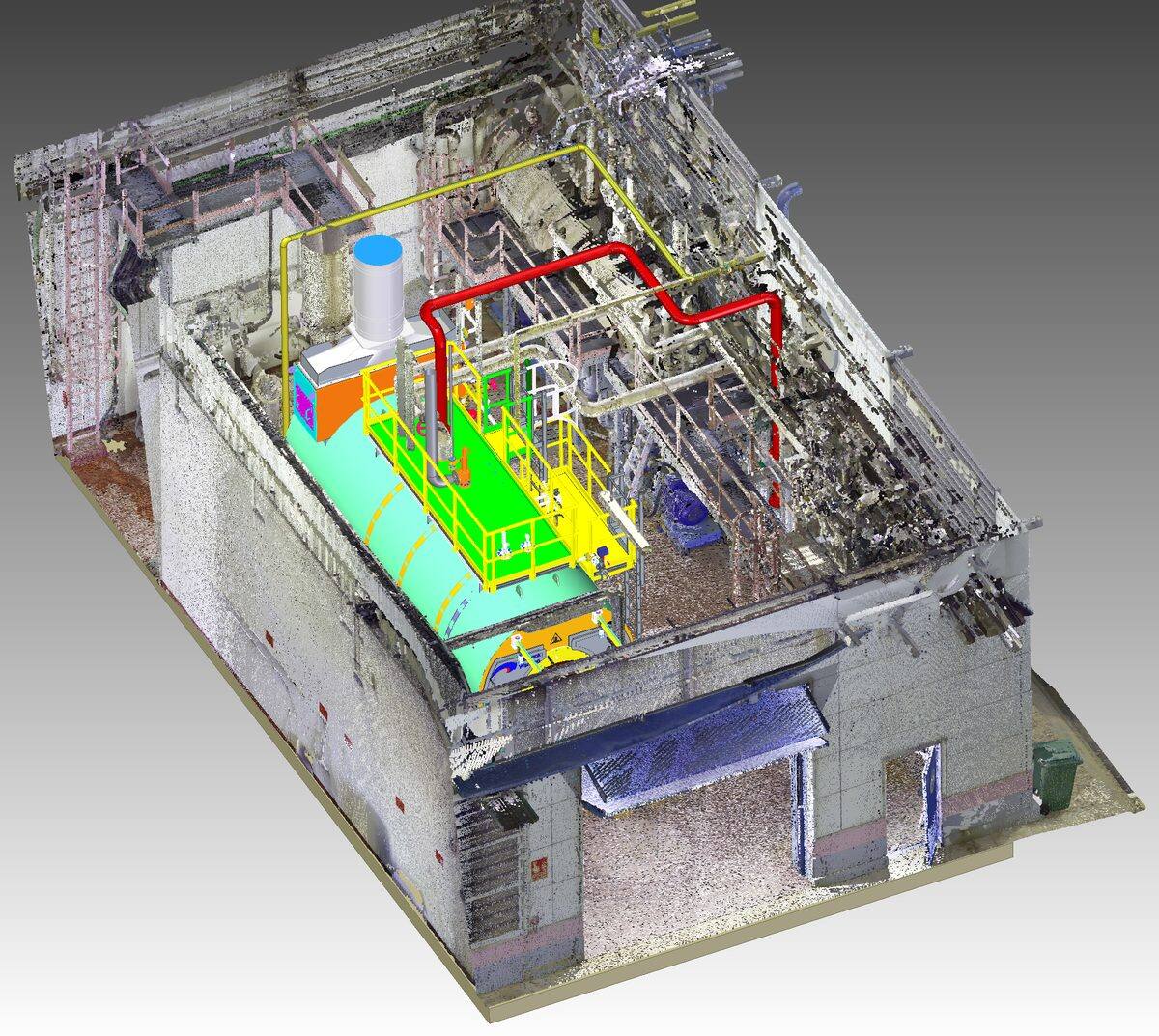 Realidad mixta: modelo 3D superpuesto sobre nube de puntos de instalación industrial
