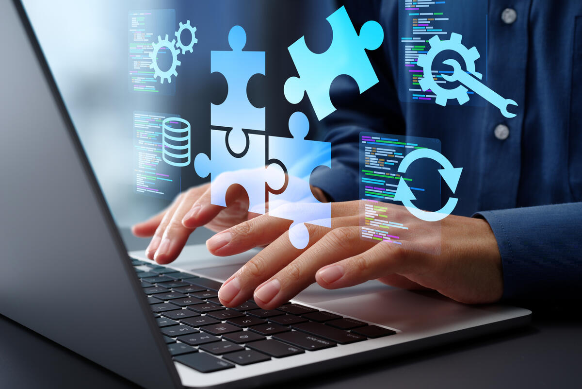 Developer programming custom web application with code and databases