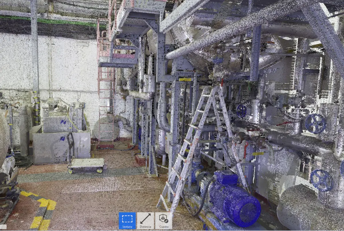 Nube de puntos 3D del interior de una planta industrial con tuberías y equipos