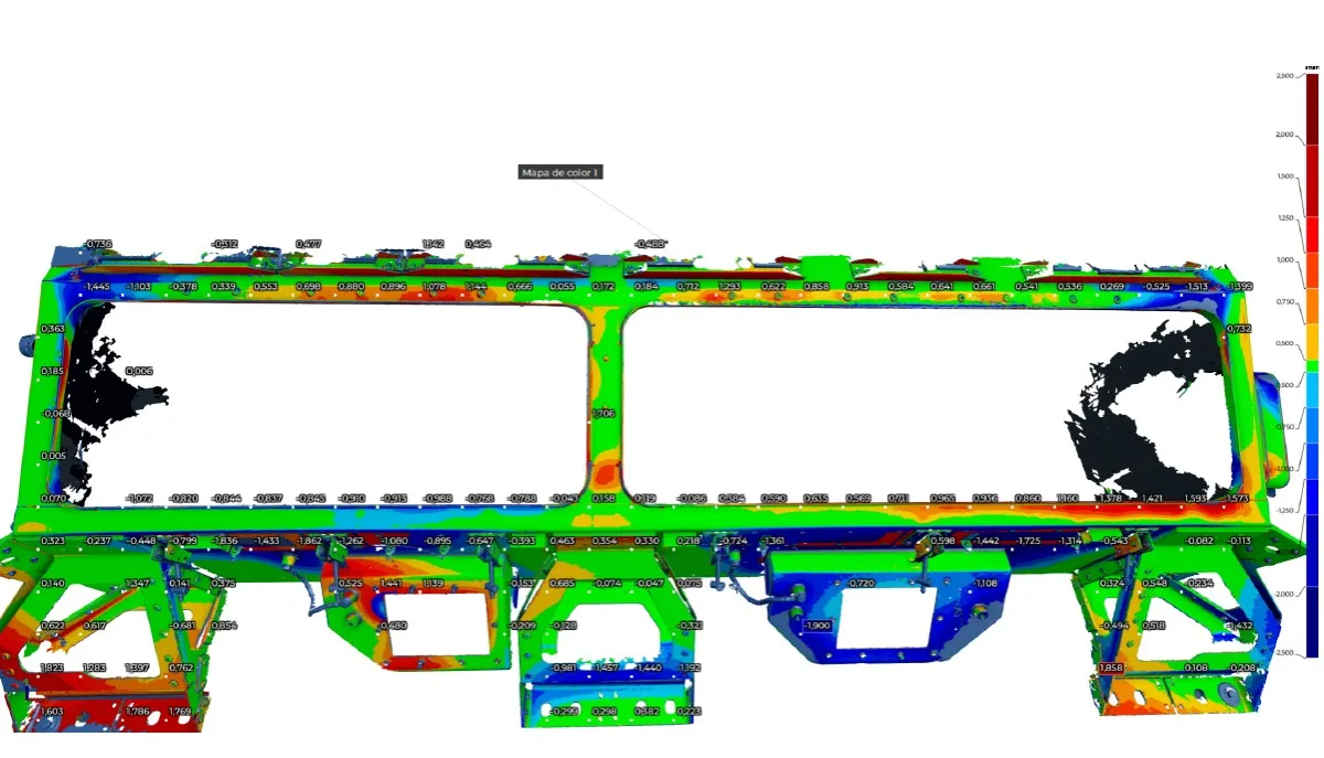 3D deviation map of an industrial vehicle chassis with full dimensional analysis