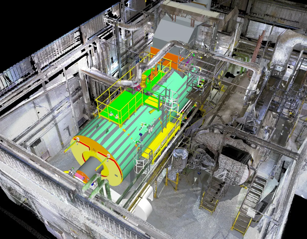 BIM eredua planta industrialaren 3D puntu-hodeiaren gainean gainjarria
