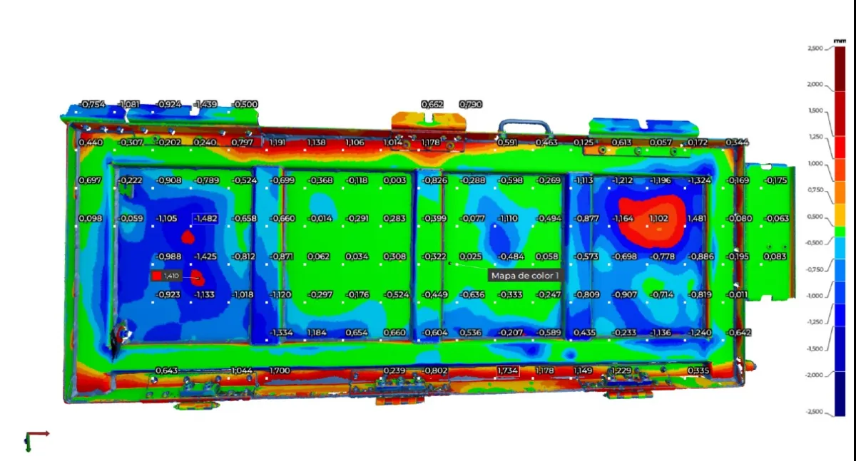 3D eskanatze bidez aztertutako indar-tapa industrialaren desbideraketa-mapa